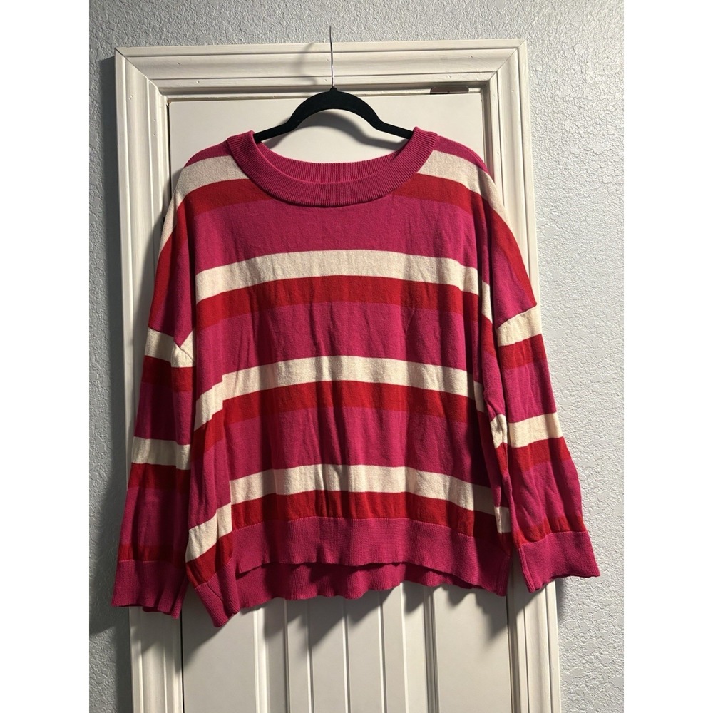 Band of Gypsies Sweater Womens Large Pink Red Striped Cotton Crew Neck Relaxed